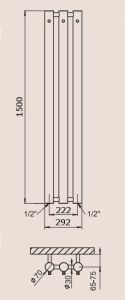 P.M.H. Rosendal Massive R70/3W Grzejnik łazienkowy biały 29,2 x 150 cm rysunek techniczny.