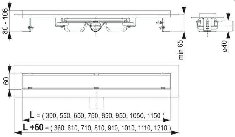 Odpływ liniowy niski APZ106 z pełnym rusztem Design rys. tech.