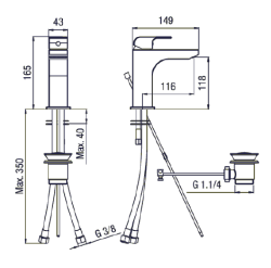 Bateria umywalkowa 11 cm bez korka z wylewką kaskadową Dimy UN45276/S chrom rys.tech.