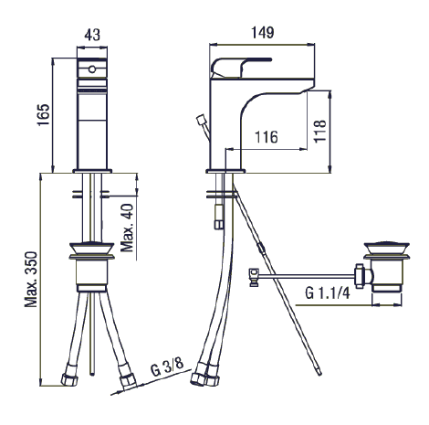 Bateria umywalkowa 11 cm bez korka z wylewką kaskadową Dimy UN45276/S chrom rys.tech.