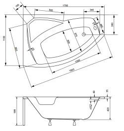 Wanna asymetryczna 170x110 cm Besco Rima 170 lewa rys.teh.