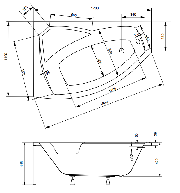 Wanna asymetryczna 170x110 cm Besco Rima 170 lewa rys.teh.