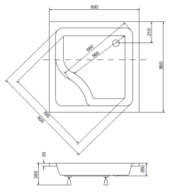 Brodzik kwadratowy 80x80x38, 5cm z głębokim siedziskiem Besco Igor 80 rys. tech.