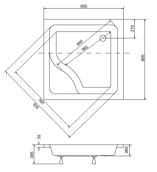 Brodzik kwadratowy 80x80x38, 5cm z głębokim siedziskiem Besco Igor 80 rys. tech.