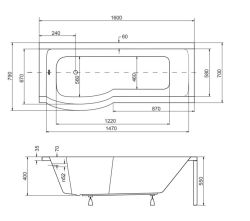  Kabino-wanna 160x70 cm Besco Inspira 160 lewa komplet z parawanem rysunek techniczny.