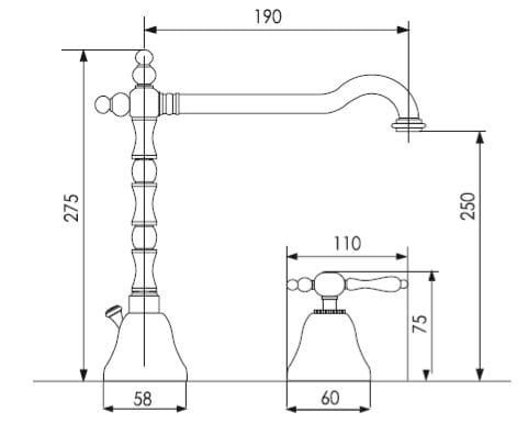  Bateria umywalkowa 3-otworowa retro Giulini Praga 7512 bronzo rys. tech.
