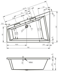 Wanna asymetryczna Doppio 180x130cm B033001005 rys. tech. prawa