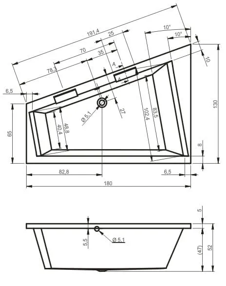 Wanna asymetryczna Doppio 180x130cm B033001005 rys. tech. prawa