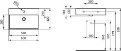 Umywalka naszafkowa 60x42 cm Ideal Standard Strada K077801 rysunek techniczny