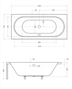 Wanna Prostokątna Vitae 150x75 cm rysunek techniczny.