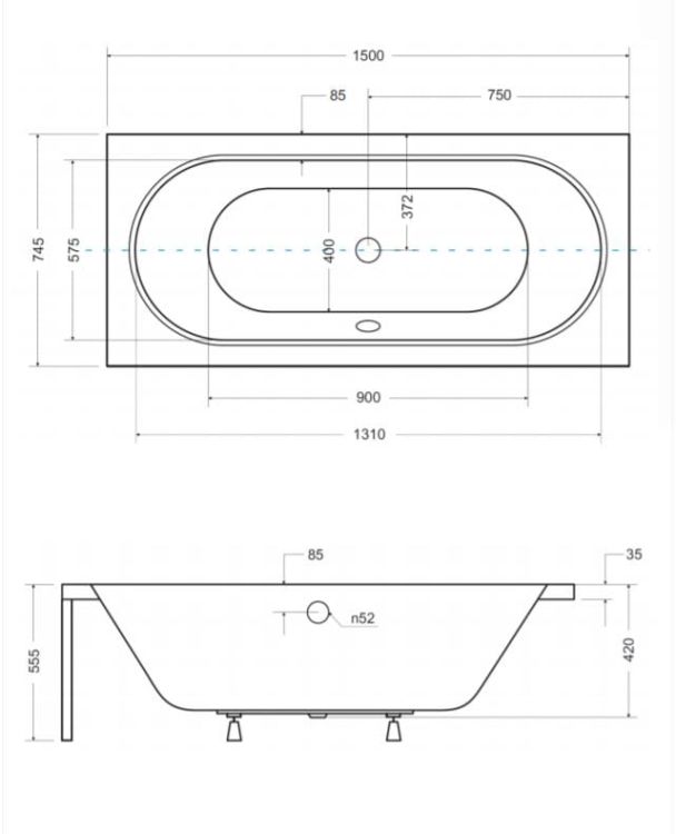 Wanna Prostokątna Vitae 150x75 cm rysunek techniczny.
