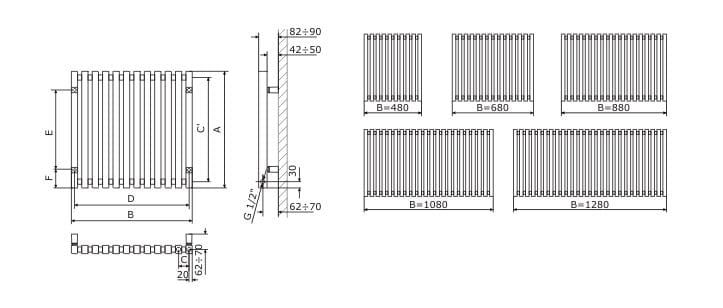 Grzejnik dekoracyjny poziomy 108x61 cm Terma Triga 610x1080 rysunek techniczny
