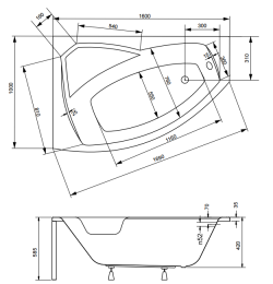 Wanna asymetryczna 160x100 cm Besco Rima 160 lewa rys. tech.