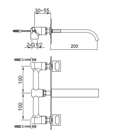 Bateria umywalkowa podtynkowa z wylewką 20 cm Kohlman Nexen-S SQW198U chrom rys. tech.