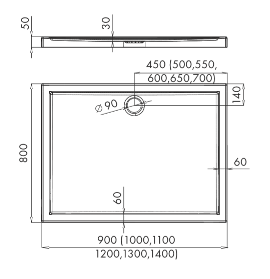 Brodzik prostokątny 80x110x5cm Schedpol Corrina 3.0243 rys.tech.