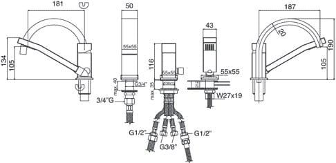 Bateria wannowa trzyotworowa z uchwytem Paffoni Level LES040 rysunek techniczny
