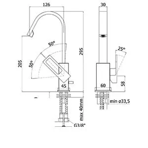 Bateria umywalkowa Paffoni Effe EF878 bez korka rysunek techniczny