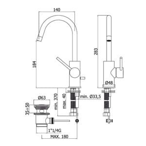 Bateria umywalkowa Paffoni Light LIG077CR rysunek techniczny