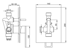 Bateria podtynkowa 2-drożna Kohlman Nexen QW210U chrom rys. tech.