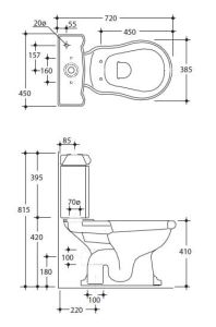 Zestaw kompakt WC + spłuczka WC + mechanizm spłukujący chrom + deska biała Kerasan Retro 1012/1013+1081+750990 +109001 rys.tech.