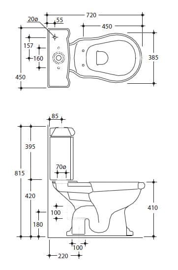Zestaw kompakt WC + spłuczka WC + mechanizm spłukujący chrom + deska biała Kerasan Retro 1012/1013+1081+750990 +109001 rys.tech.