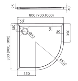 Brodzik półokrągły 90x90x5cm Schedpol Corrina 3.064 R55 rys.tech.