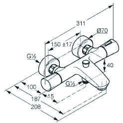 Bateria wannowo - natryskowa termostatyczna chrom Kludi Zenta 351010538  rysunek techniczny