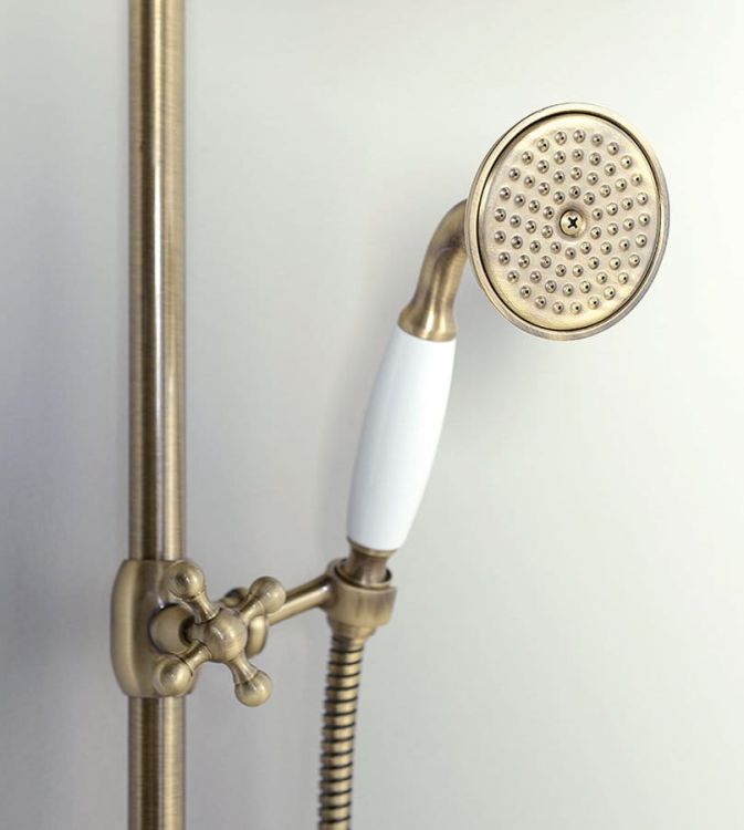 Zestaw prysznicowy Retro z okrągłą deszczownicą 20 cm, baterią termostatyczną i słuchawką prysznicową kompletny Reitano Antea 9515D-01261BR bronzo