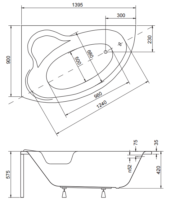 Wanna narożna 140x90 cm Besco Ada 140 lewa rys.tech.