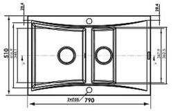 Pyramis PYRAGRANITE SOFTLINE 79x51 1B 1/2B 1D zlewozmywak dwukomorowy z blatem czarny 70002101 rysunek techniczny