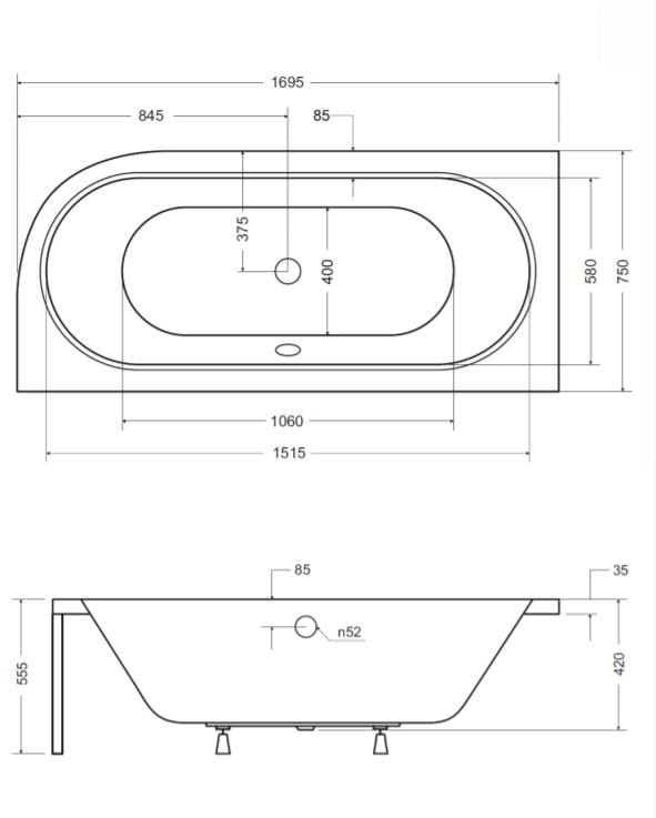 Wanna Asymetryczna Avita 170x75 lewa rysunek techniczny.JPG
