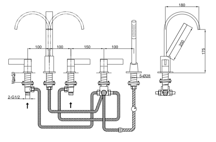 Bateria wannowa 5-otworowa Kohlman Dexame QB242D chrom rys.tech.
