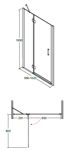 Drzwi prysznicowe 100x195 cm Besco Viva 195 rys. tech.