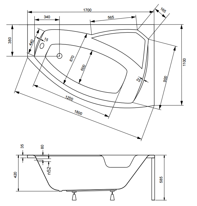 Wanna asymetryczna 170x110 cm Besco Rima 170 prawa rys. tech.