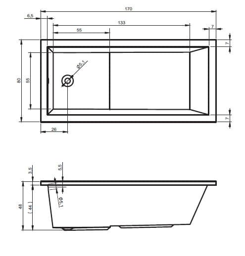 Wanna prostokątna 170x80cm Riho Lusso Plus B006001005 rys.tech.