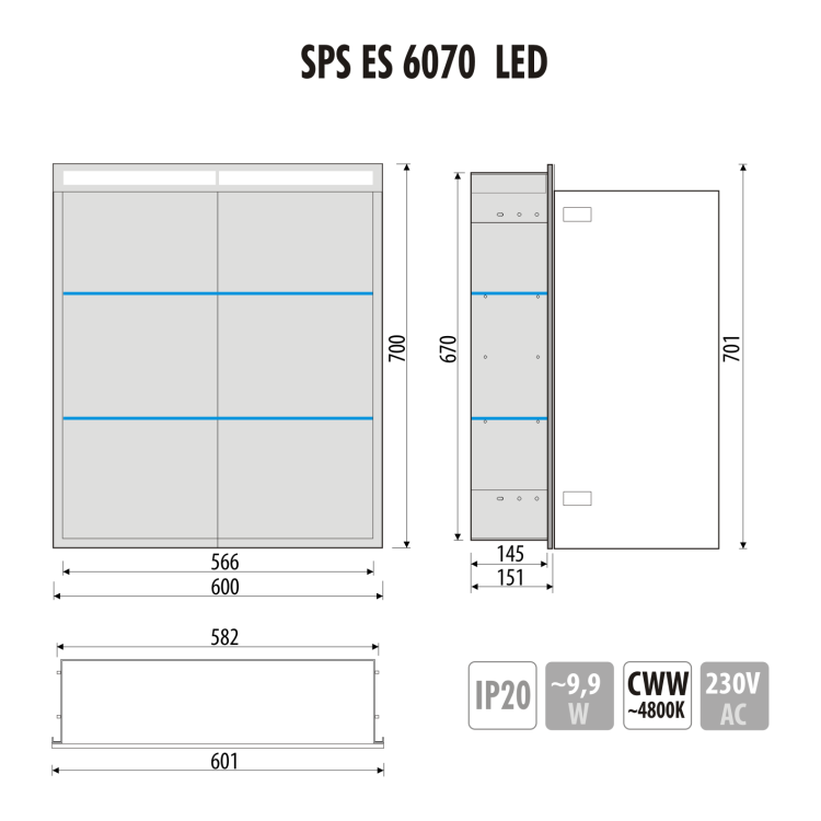 Szafka łazienkowa do zabudowy 60x70x15 cm z kołnierzem typu Bend i obustronnie lustrzanymi frontami i oświetleniem LED MCJ B.SPS 6070LED