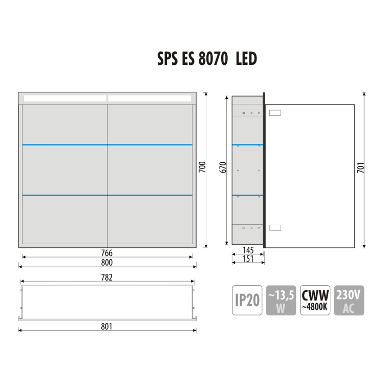 Szafka łazienkowa do zabudowy 80x70x15 cm z kołnierzem typu Bend i obustronnie lustrzanymi frontami i oświetleniem LED MCJ B.SPS 8070LED