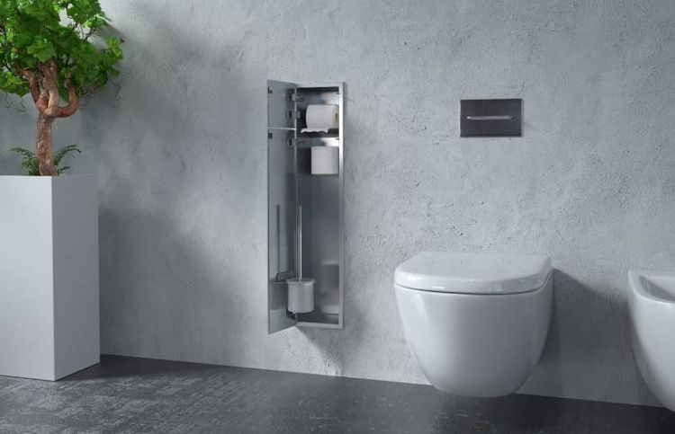 Schowek do szczotki i papieru toaletowego do zabudowy 18x82,5x15 cm stal nierdzewna kołnierz typu Bend MCJ szkło białe B.PW2D WC 800