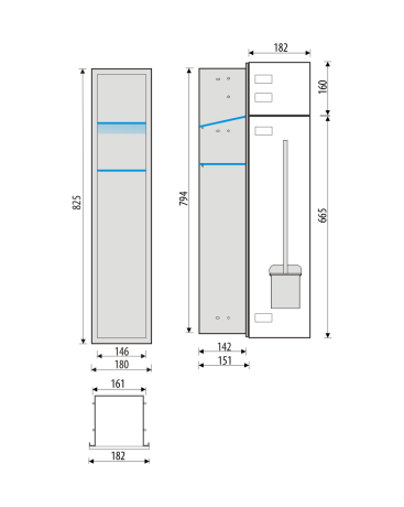 Przejdź do produktu Schowek podtynkowy WC do szczotki i papieru toaletowego, do zabudowy w ścianie 18x82,5x15 cm stal nierdzewna kołnierz typu Bend MCJ szkło białe B.PW2D WC 800