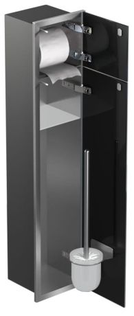 Przejdź do produktu Schowek podtynkowy WC do szczotki i papieru toaletowego, do zabudowy w ścianie 18x82,5x15 cm stal nierdzewna kołnierz typu Bend MCJ szkło białe B.PW2D WC 800