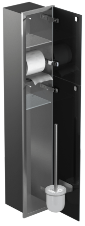Przejdź do produktu Schowek podtynkowy WC do szczotki i papieru toaletowego, do zabudowy w ścianie 18x97,5x15 cm stal nierdzewna kołnierz typu Bend MCJ szkło białe B.PW2D WC 950