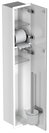 Przejdź do produktu Schowek podtynkowy WC do szczotki i papieru toaletowego, do zabudowy w ścianie 18x97,2x15 cm kołnierz typu Flat MCJ stal lakierowana biały szkło białe F.PW2D LWH WC 950