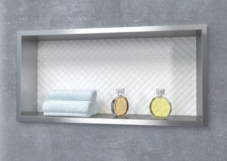 Przejdź do produktu Półka łazienkowa wnękowa lakierowana do zabudowy 62,5x32,5x10 cm ze stali nierdzewnej i szybą w tylnej części MCJ F.PWN 600/10WH