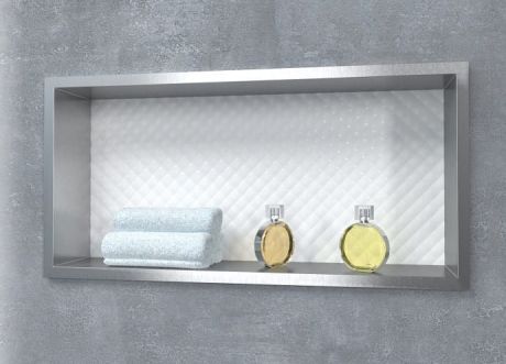 Przejdź do produktu Półka łazienkowa wnękowa do zabudowy w ścianie 62,5x32,5x10 cm ze stali nierdzewnej lakierowanej na szaro MCJ B.PWN LGR 600/10