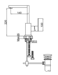 Bateria umywalkowa wysoka Kohlman Nexen QB150U chrom rys. tech.