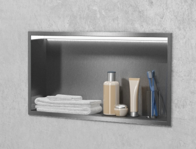 Przejdź do produktu Półka łazienkowa wnękowa do zabudowy 62,5x32,5x15 cm ze stali nierdzewnej z oświetleniem LED MCJ B.PWN 600/15
