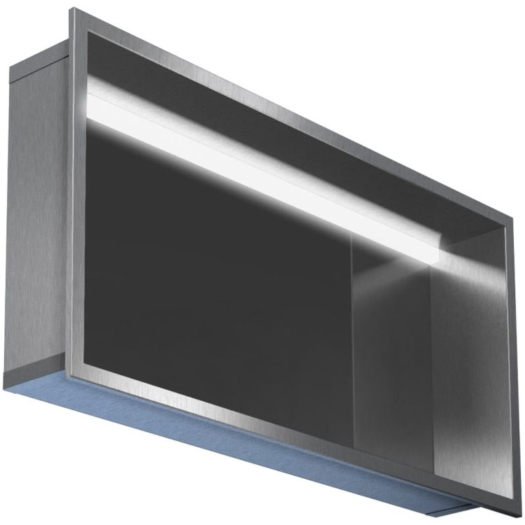 Półka łazienkowa wnękowa do zabudowy 62,5x32,5x15 cm ze stali nierdzewnej, lakierowana z oświetleniem LED i szkłem w tylnej ścianie MCJ PWN600/15LEDSB