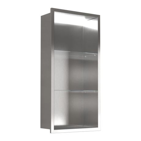 Przejdź do produktu Półka łazienkowa wnękowa do zabudowy 30x57x10 cm ze stali nierdzewnej z oświetleniem LED kołnierz typu Bend MCJ B.PWNP LED 3060/10