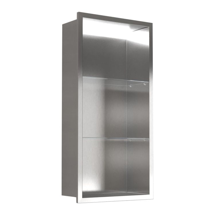 Półka łazienkowa wnękowa do zabudowy 32,5x89,7x15 cm ze stali nierdzewnej z oświetleniem LED kołnierz typu Bend MCJ B. PWNP LED 900/15