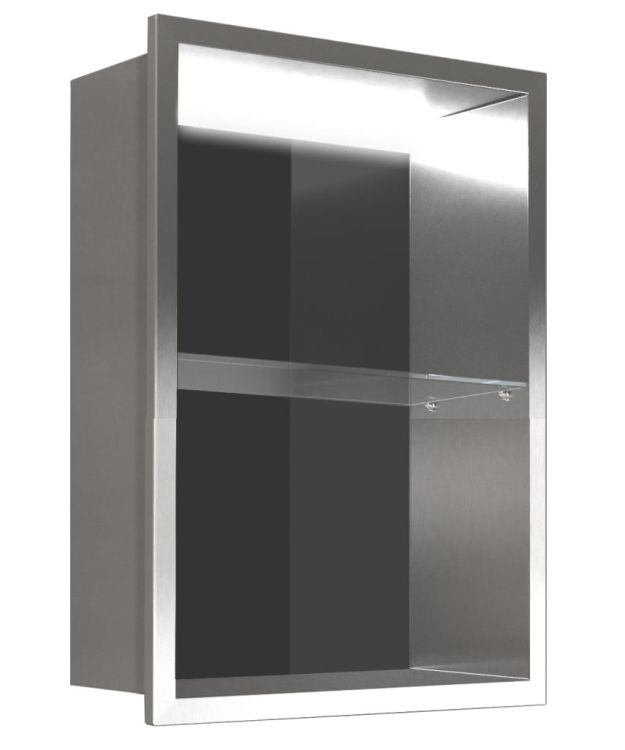 Półka łazienkowa wnękowa do zabudowy 32,5x59,7x15 cm ze stali nierdzewnej z oświetleniem LED i szkłem w tylnej części MCJ PWNP600/15LED